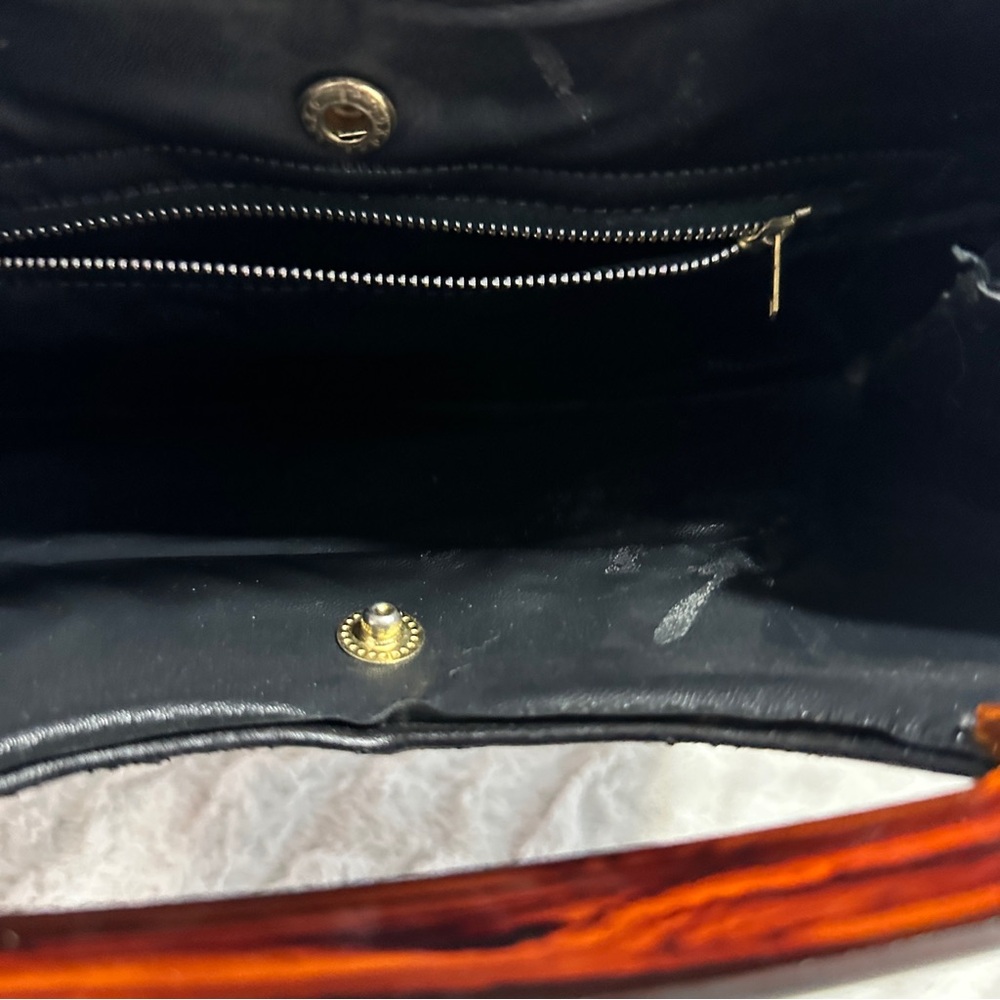 Black leather midcentury 70’s handbag Bakelite top handle Vintage Purse Whimsy - Picture 8 of 16